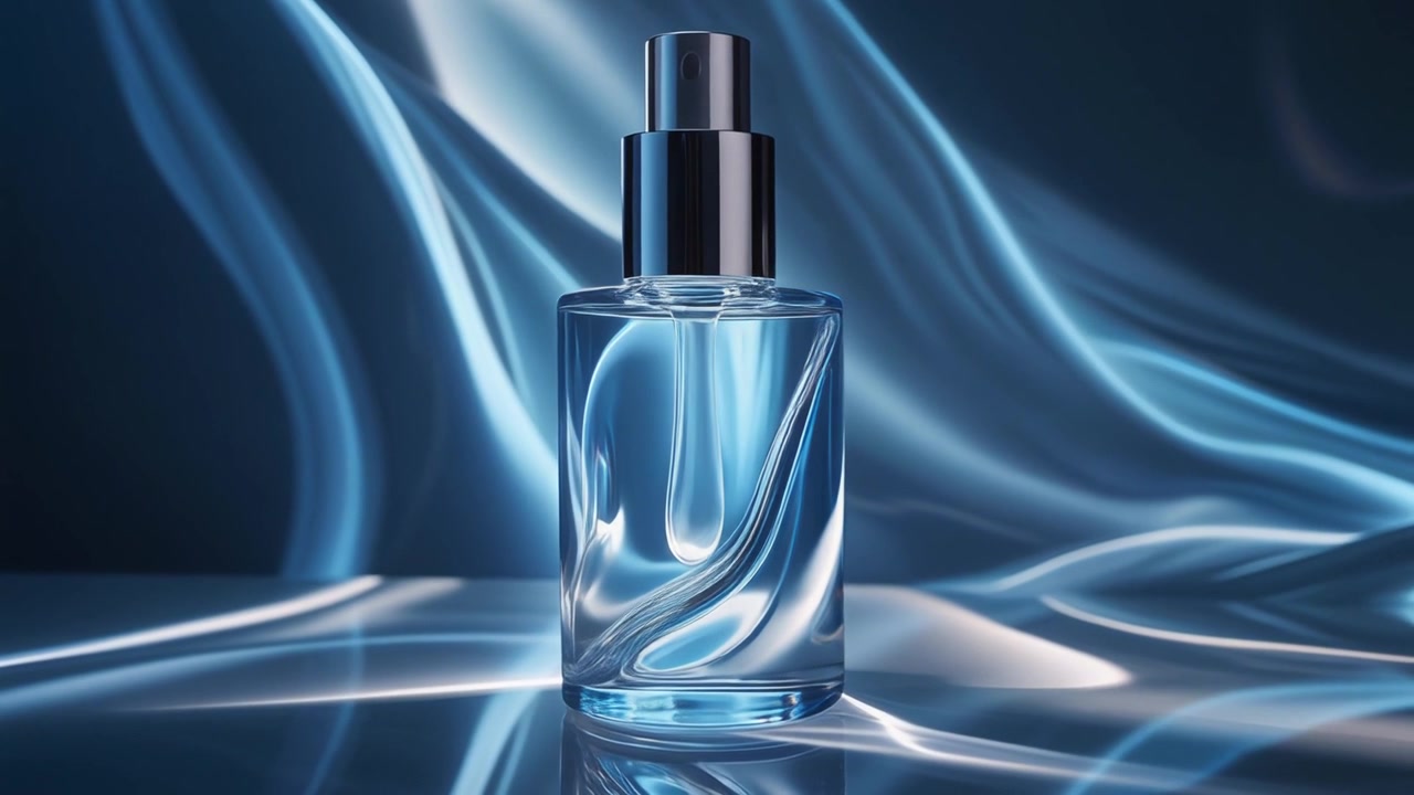 Flacone di profumo in vetro su superficie riflettente con sfondo blu astratto