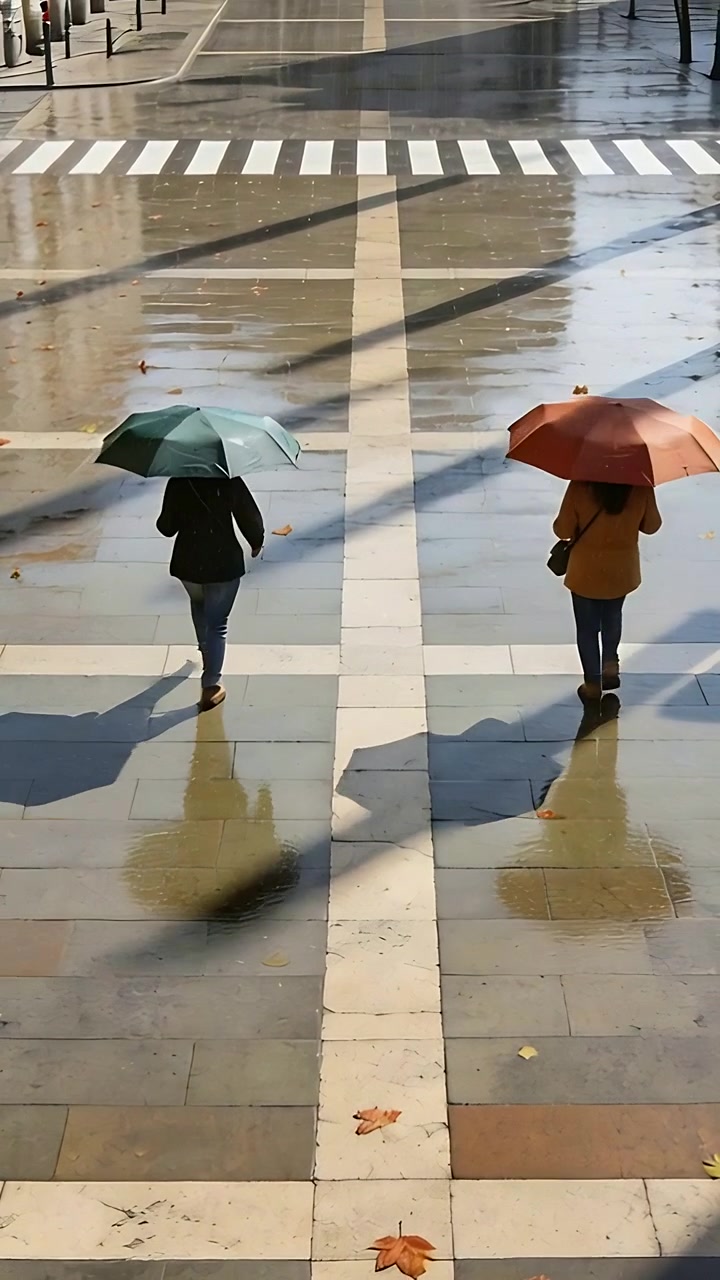 Vertical video: Walking duo in coats, jeans seeing zebra crossing, holding green orange umbrellas