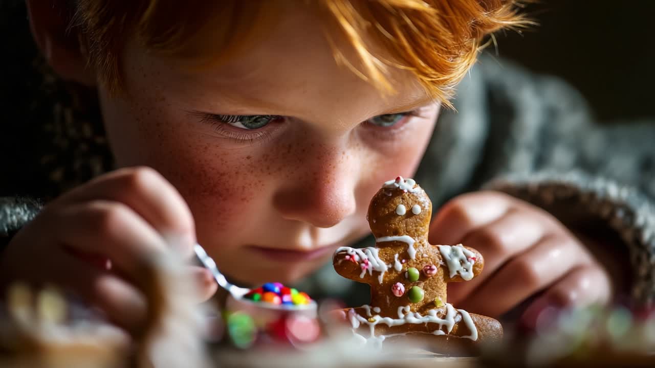 A Curious Child Engages in the Joyful Art of Decorating a Gingerbread Man with Colorful Candies, Capturing the Essence of Holiday Tradition and Creativity in a Cozy Atmosphere