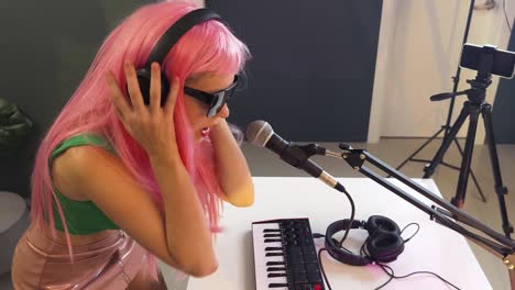 woman singing into a microphone in a home recording studio