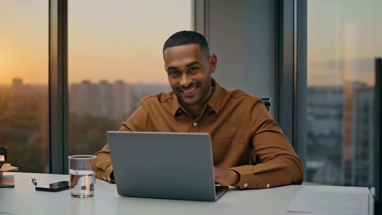 Businessman Working on Laptop in Modern Office