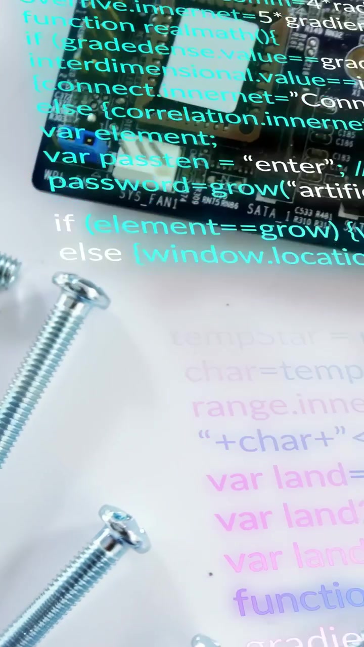 Camera panning over bolts and washers on white bench, revealing circuit board and code overlay