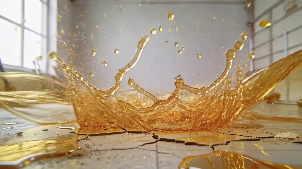 Nastro spesso dorato che si estende e si inarca su un pavimento piastrellato bianco, con un bagliore che provoca il contatto e forma uno schizzo.
