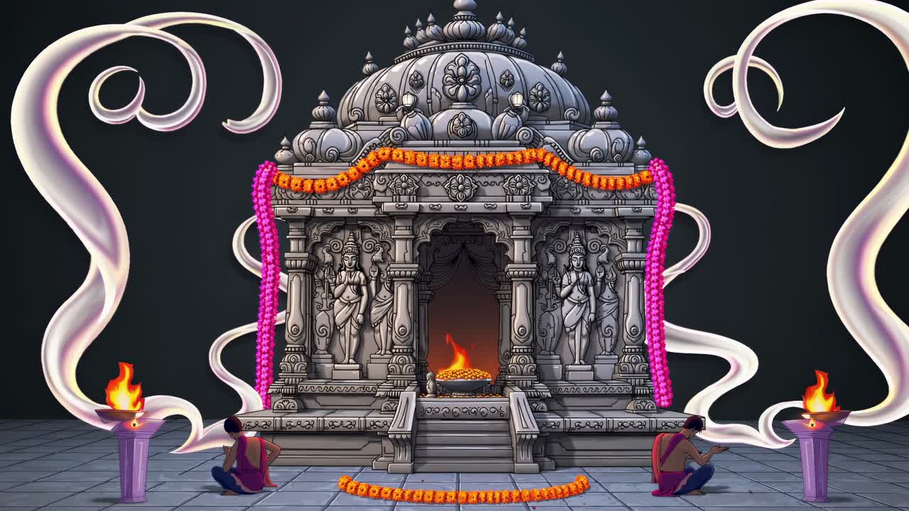 Intricate temple structure adorned with vibrant floral garlands and flickering flames, showcasing a serene atmosphere of devotion and ritualistic ambiance