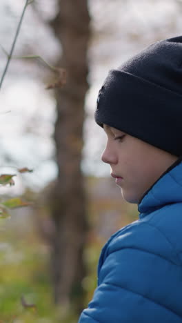 primer plano de un niño joven con una chaqueta azul y una gorra negra caminando hasta un árbol, arrancando hojas, con un fondo borroso con un edificio lejano y una vegetación vibrante