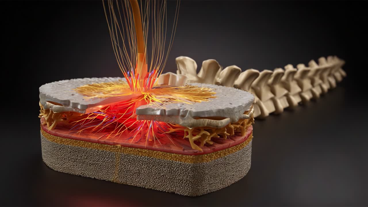 A Detailed Visualization of Spinal Anatomy Highlighting Neural Pathways and Nerve Activity in a Cross-Sectional View, Showcasing Intervertebral Discs and Spinal Cord Structures