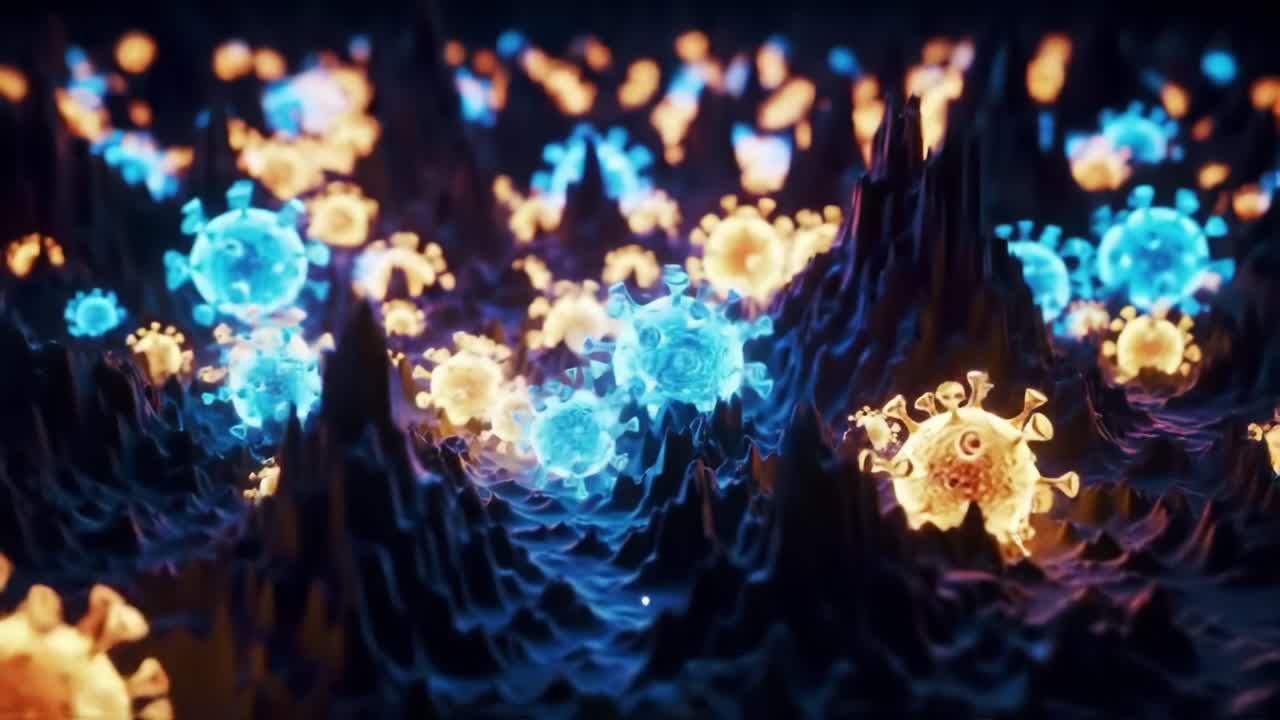 A Stunning Visualization of Viral Particles in a Microscopic Landscape, Showcasing the Intricate and Colorful Patterns Found in Microscopic Biology and Pathogen Interactions