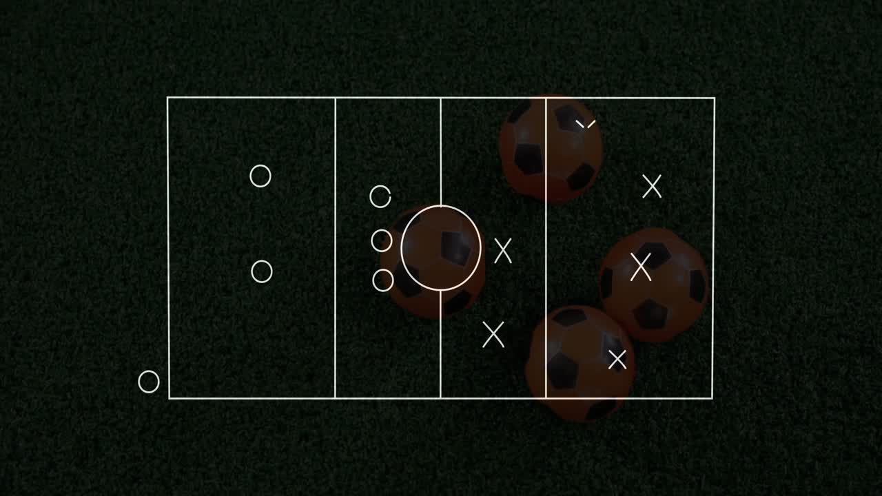 Cluster of soccer balls staying on turf, overlay drawing field, X markers tracing arc for coaching