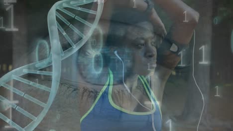 Animation-of-dna-strand-with-eye-and-data-processing-over-african-american-woman-exercising