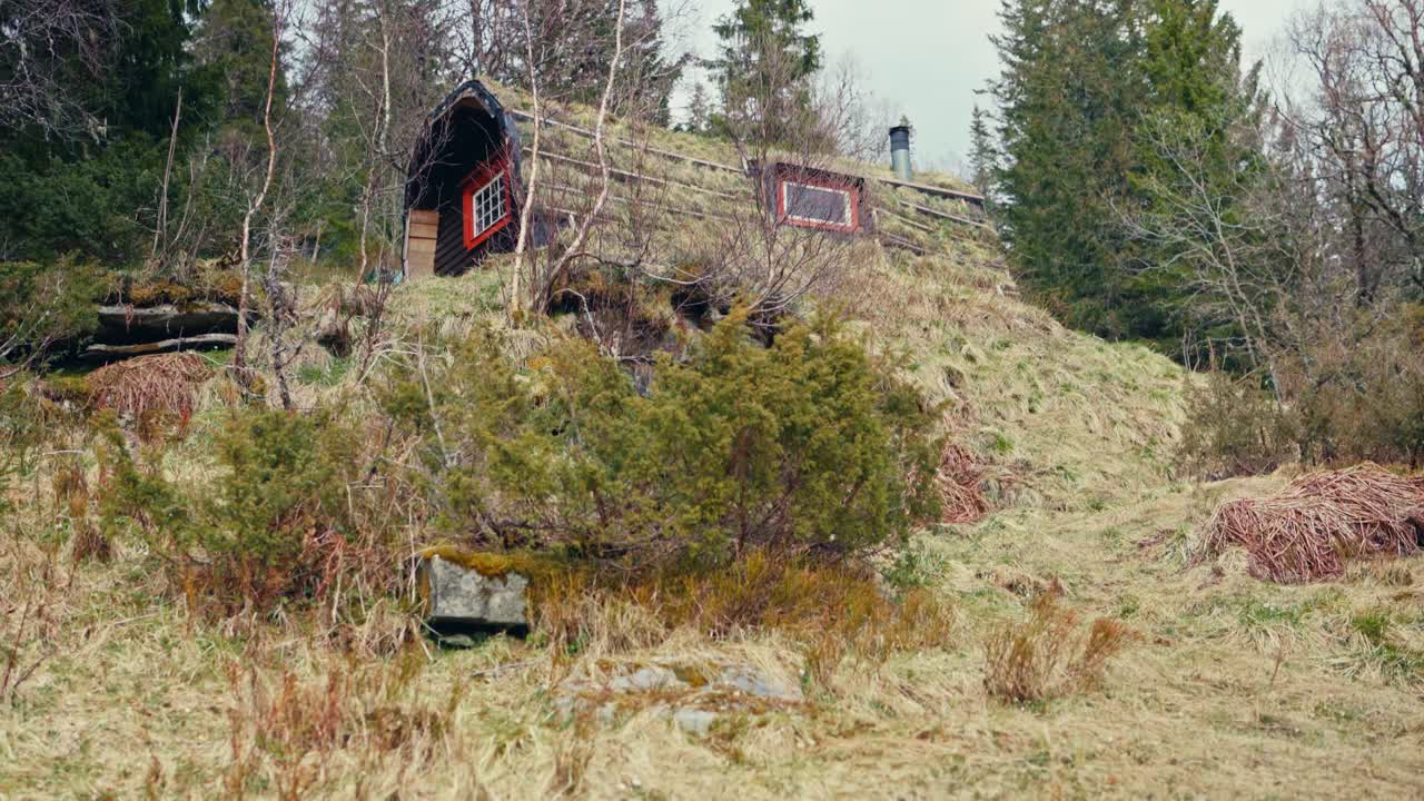 Norwegian Mountain Hut With The Roof Cover With The Grasses. Low Angle Shot