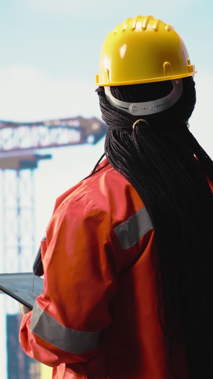 Vertical video Offshore platform coworkers supervising deck operations, calibrating equipment