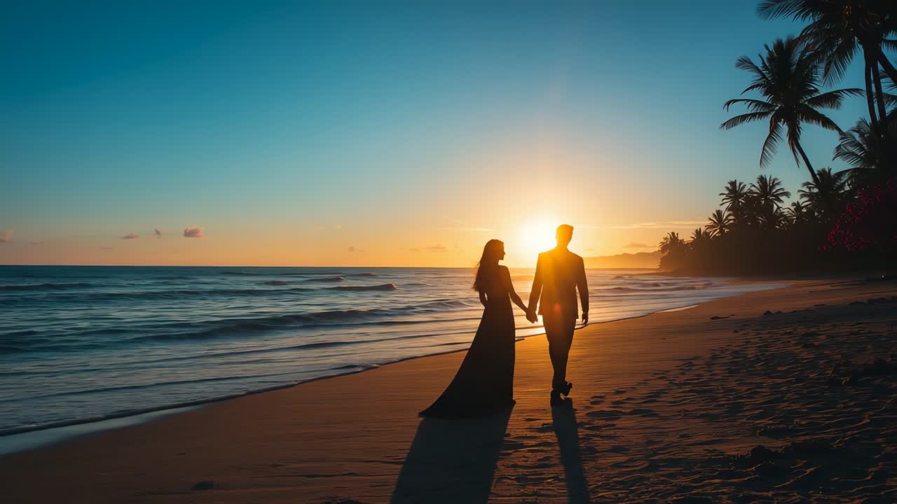 Couple walking hand in hand along beach at sunset as sun sinking, savoring ocean waves
