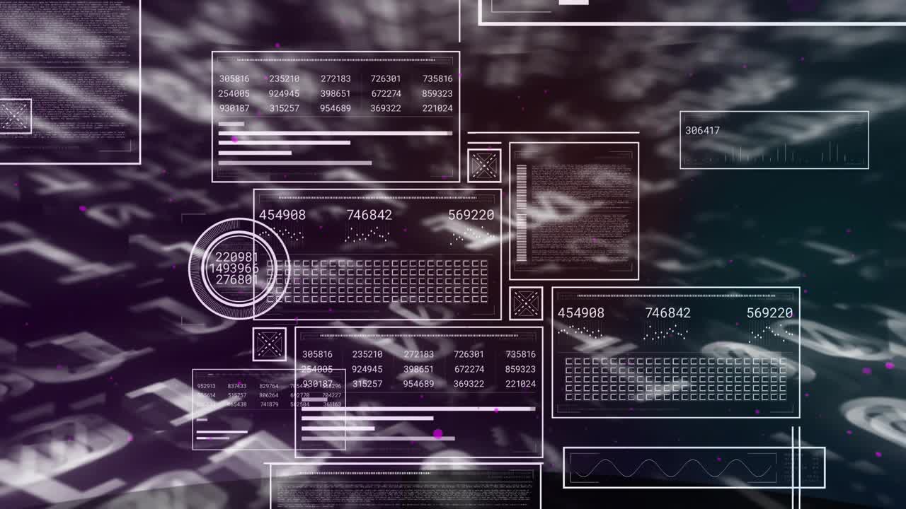 Backdrop flowing letters initiating wireframe panels stacking and populating data tracking metrics