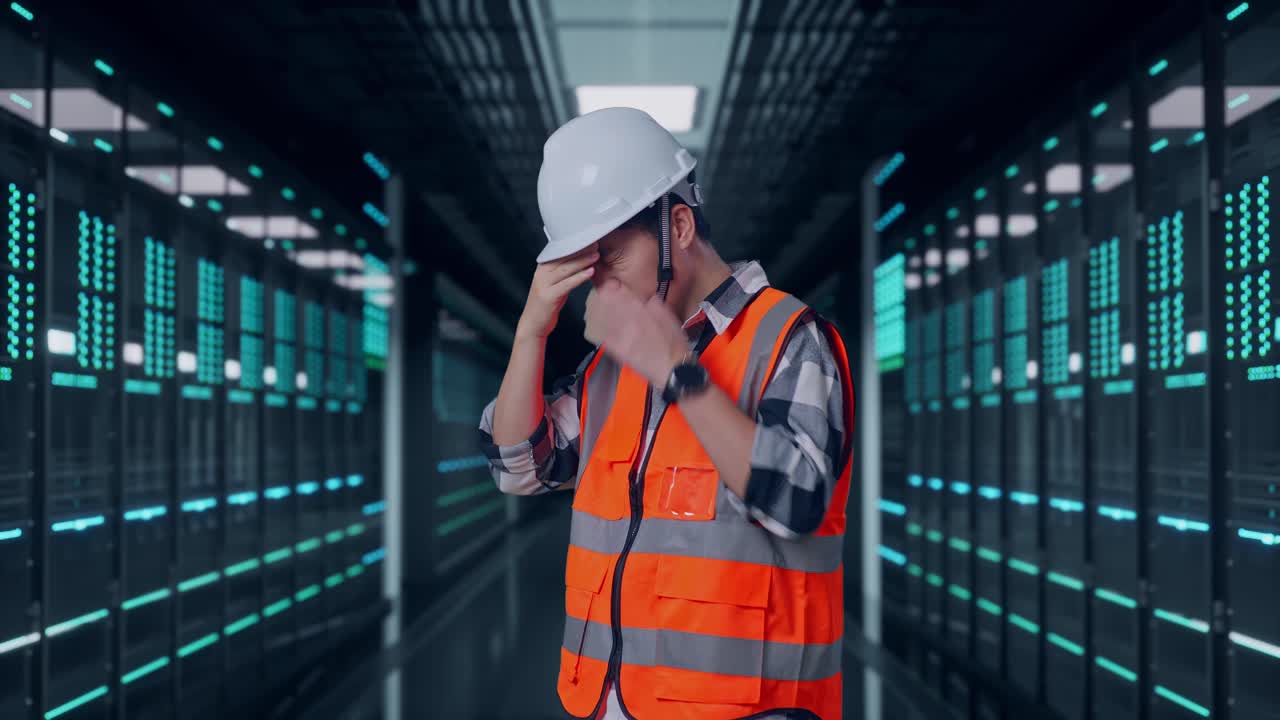 Side View Of Asian Male Engineer With Safety Helmet Having A Headache While Working in Server Room Data Center