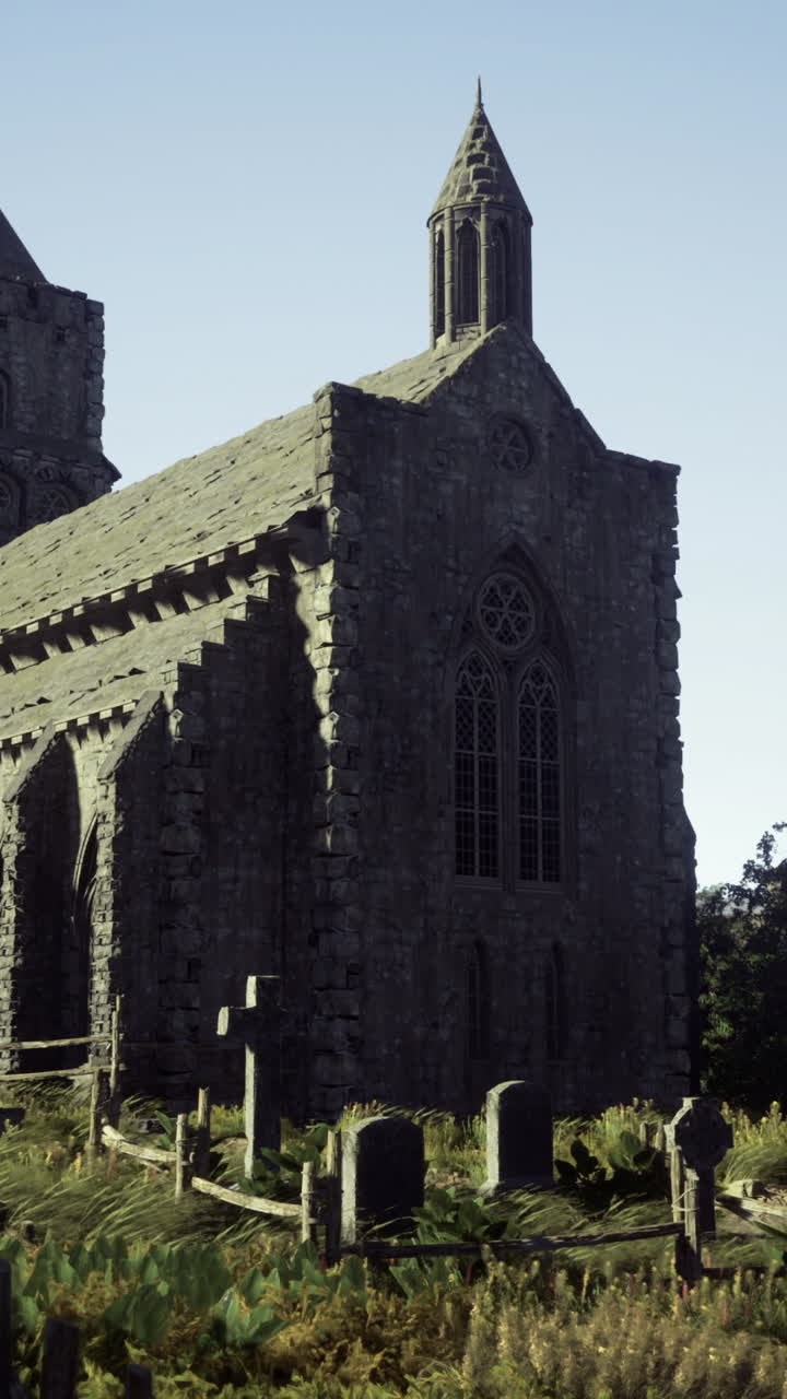 Gammel stenkirke midt i et tilgroet landskab i dagslys