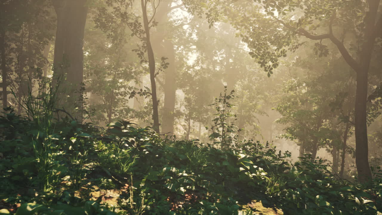 빛이 비치는 안개 숲