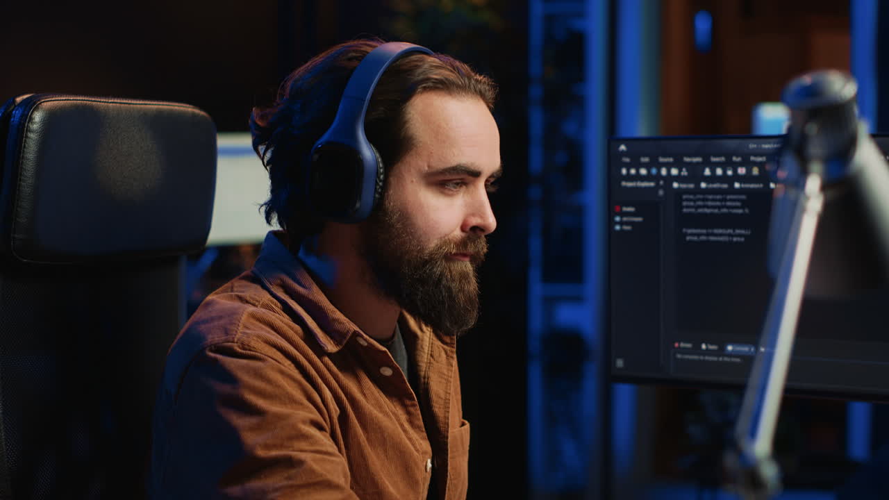 Smiling developer listening music while doing programming, close up