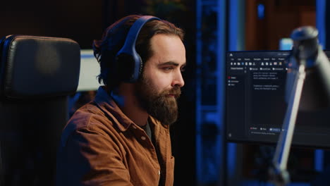 desarrollador sonriendo escuchando música mientras hace programación, de cerca