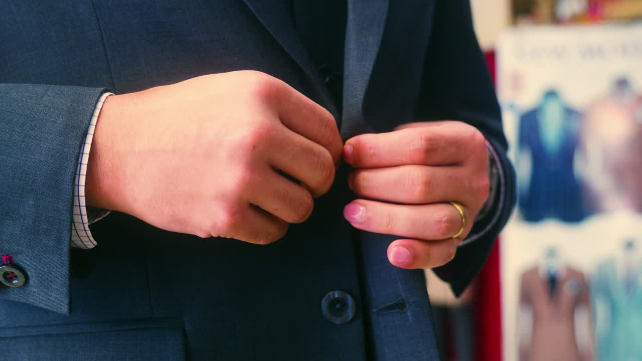 4K Cinematic fashion clothing footage of a model closing the jacket of his new suit in a tailor's shop