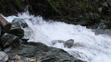 water runs over rocks a log sits on the edge of the frame green leaves are seen at the top the water is white as it flows quickly down hill