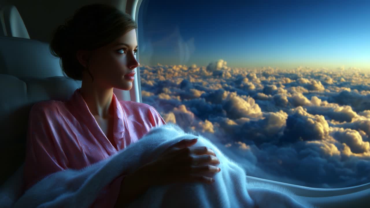 Captivating Moments Above the Clouds: A Thoughtful Woman Watching the Sunrise from an Airplane Window Wrapped in a Cozy Blanket, Embracing the Beauty of Nature and the Joy of Travel