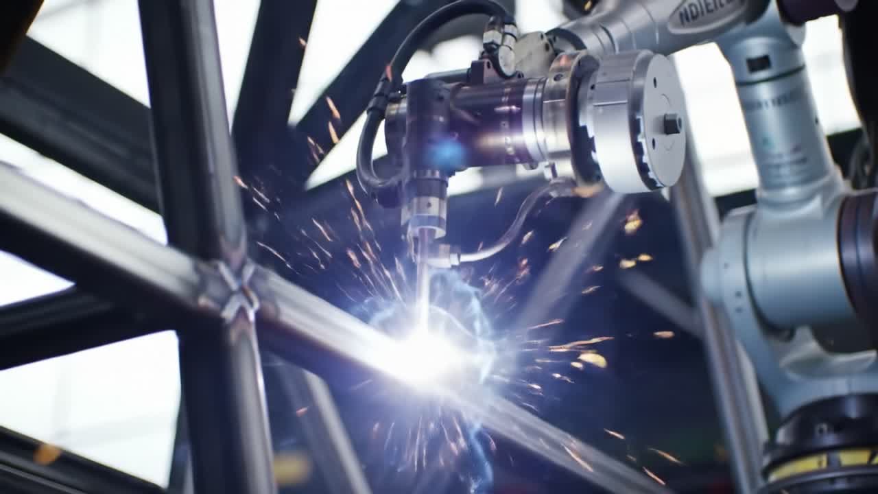 Processo di saldatura automatizzato catturato in azione: lavoro di precisione e scintille che volano mentre un braccio robotico esegue la fabbricazione di metalli in un ambiente ad alta tecnologia.