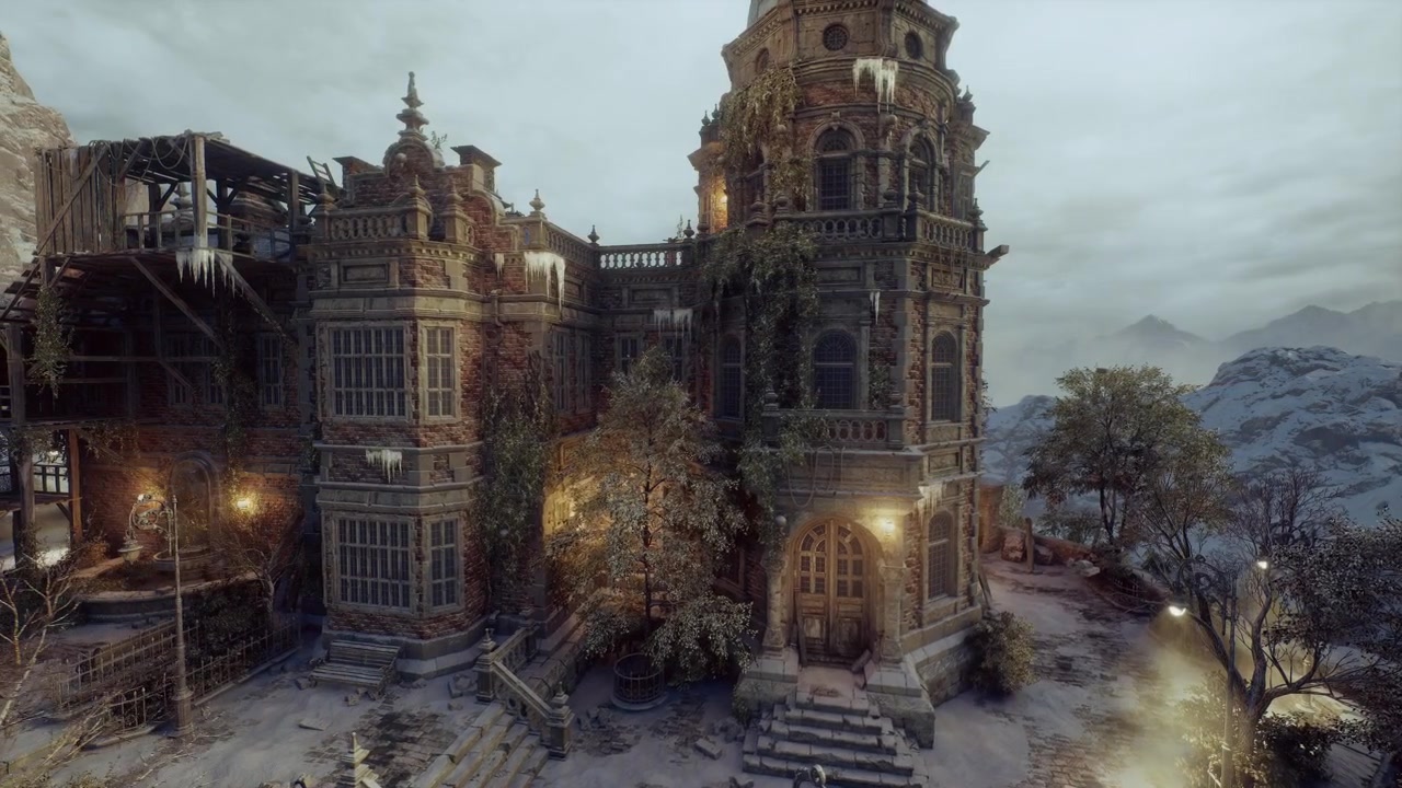 Abandoned gothic residence under twilight in frozen winter terrain