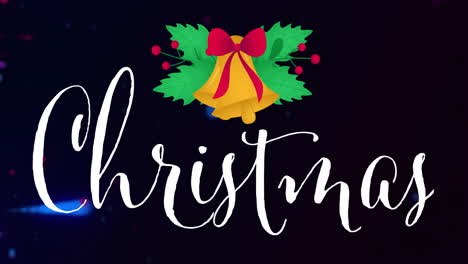 christmas text with bell and holly leaves animation on dark background