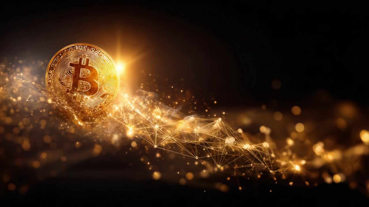 A Stunning Visualization of Cryptocurrency: The Shimmering Journey of Bitcoin in a Digital Landscape Full of Dynamic Light and Connectivity