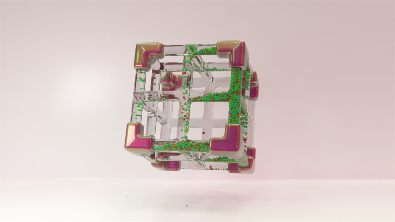 기하학적 디자인을 가진 추상적인 유리 큐브