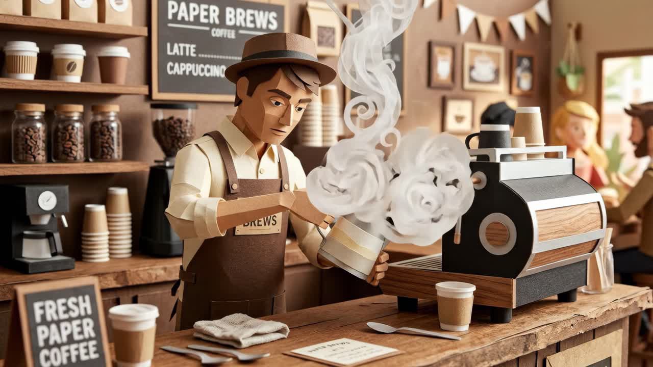 Pappersfigur av en barista som ångar mjölk på ett kafé.