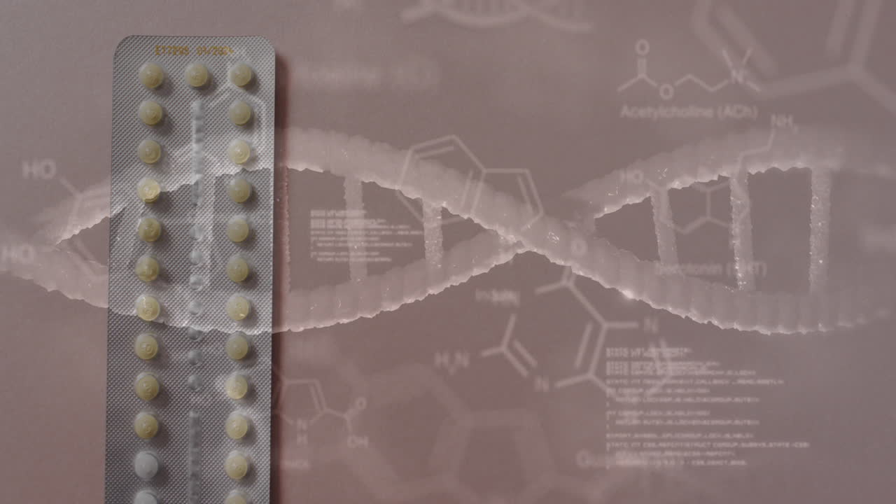 dna 스트랜드 다이어그램의 애니메이션과 데이터 처리는 알약을 통해