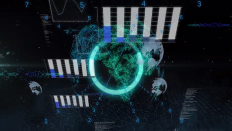 Animation-Der-Statistischen-Datenverarbeitung-über-Einem-Sich-Drehenden-Globus-Vor-Schwarzem-Hintergrund