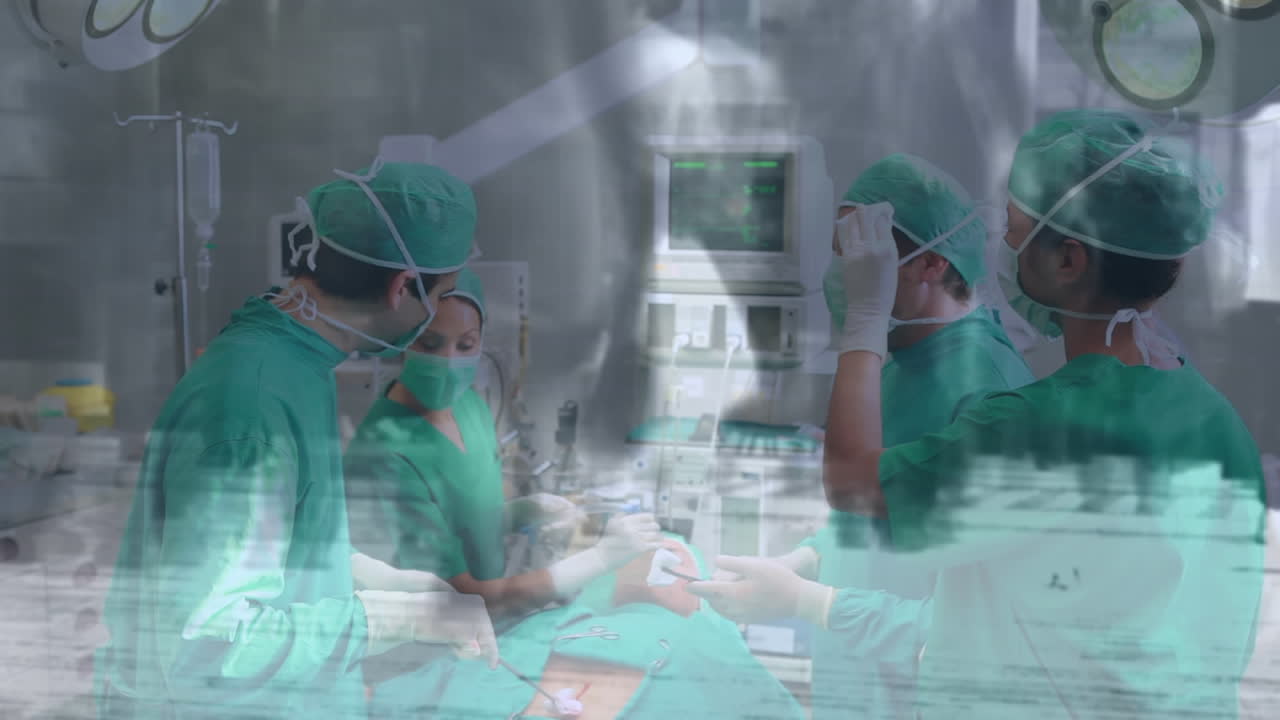 Squadra di chirurghi che opera in ospedale con un time-lapse di persone che camminano sullo sfondo.