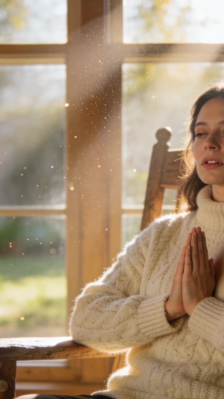 Video vertical: Mujer orando juntando las palmas junto a la ventana, suéter crema, luz solar, polvo, espacio para texto