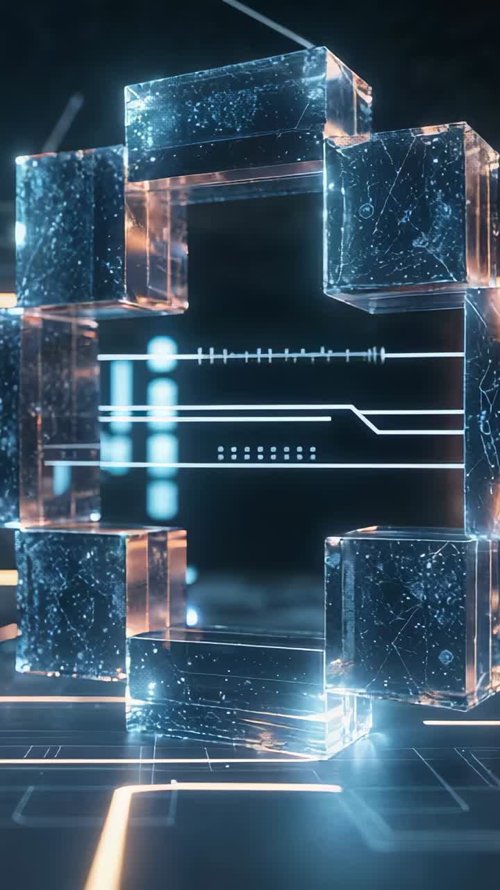 Vertical video: Floating glass cubes forming rotating frame on circuit grid revealing patterns
