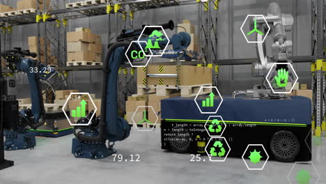 animation of data processing and ecology icons over warehouse