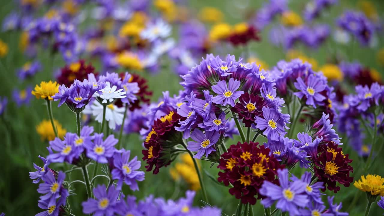 Farverige vilde blomster på en eng, fanget fra en lav vinkel, skaber en fredfyldt, farverig scene, ideel