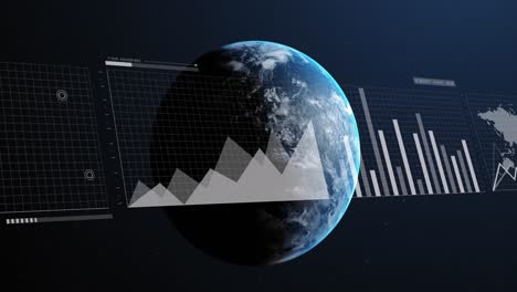 Animation-of-interface-with-statistical-data-processing-over-globe-against-blue-background