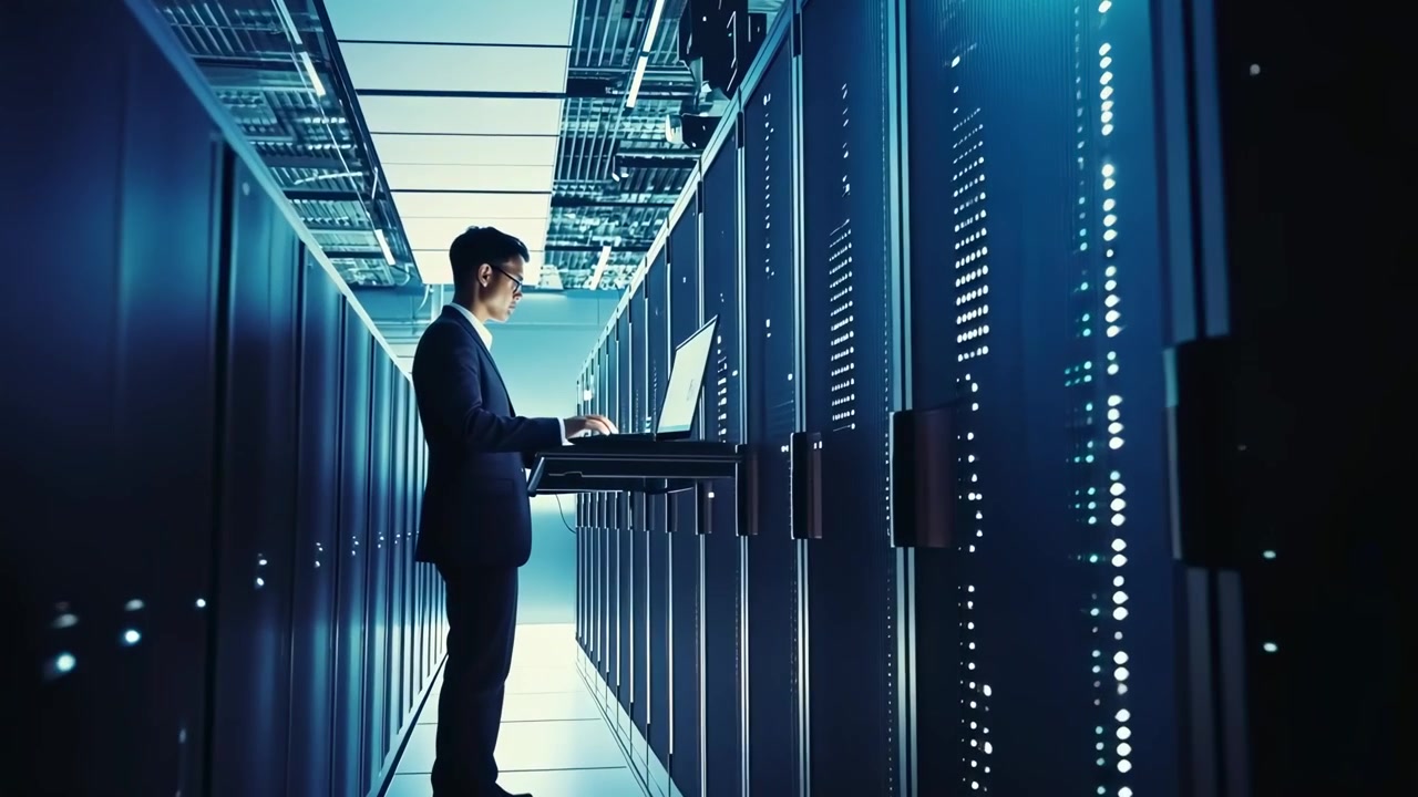 Ingegnere informatico che lavora al laptop in un moderno data center