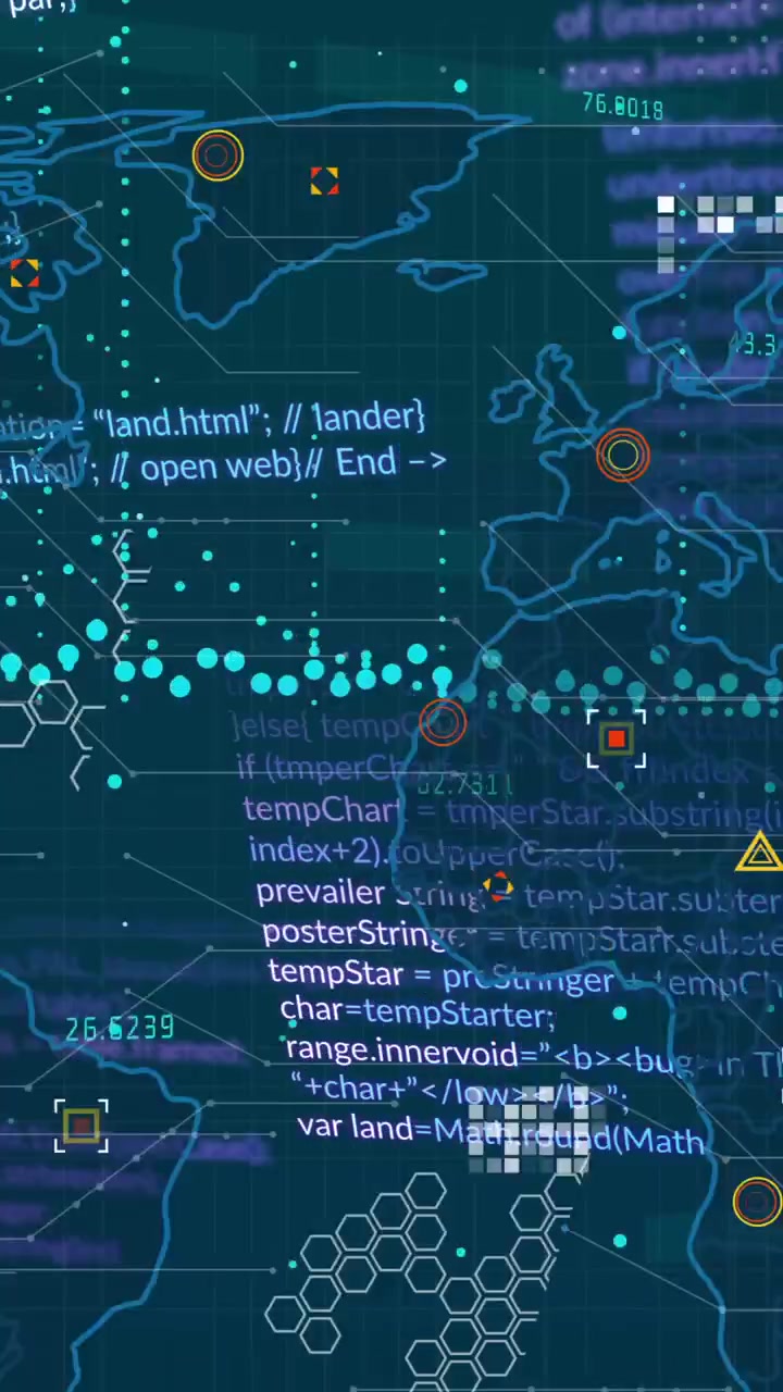 Animating programming code and data visualization over world map on screen