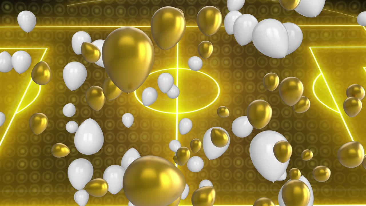 Gold and white balloons floating over glowing soccer field animation