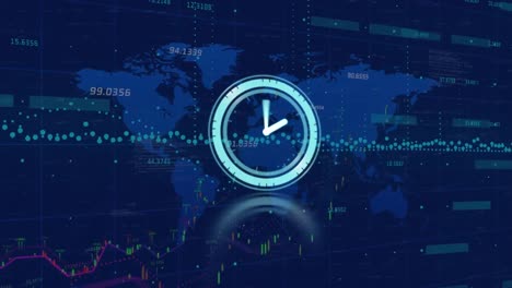 animación de procesamiento de datos y mapa del mundo sobre reloj moviéndose sobre fondo azul