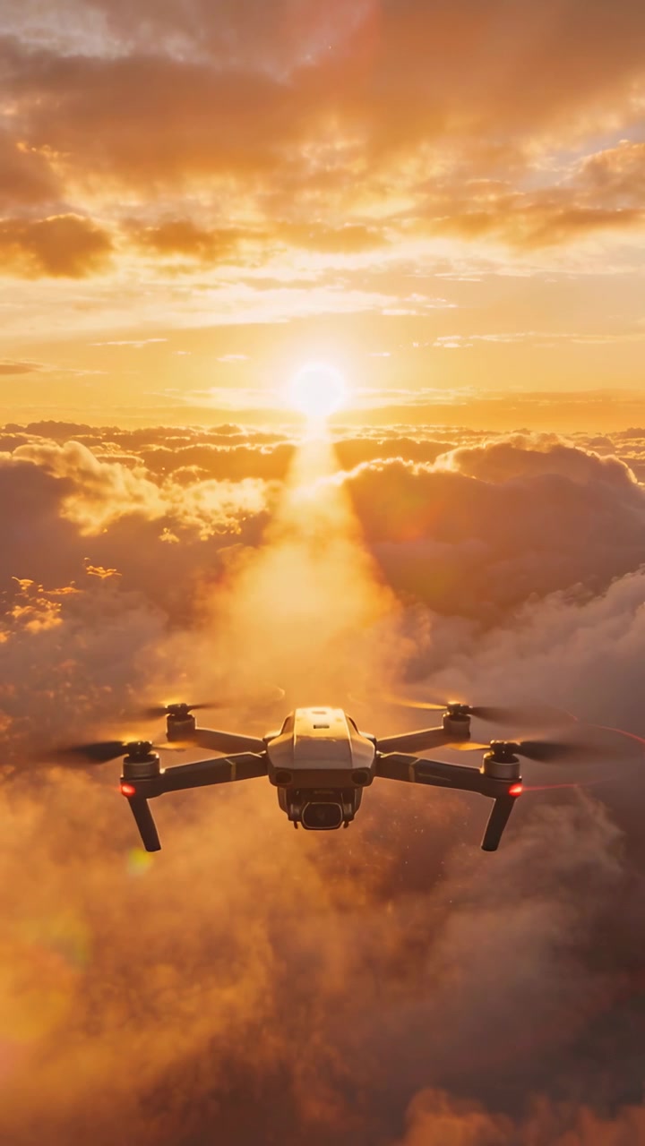 Vertikal video: Flyvende quadcopter drone udløst af solopgang, stiger gennem skyer mod solen.
