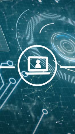 Animation of icons with network of connections, scope scanning and data processing