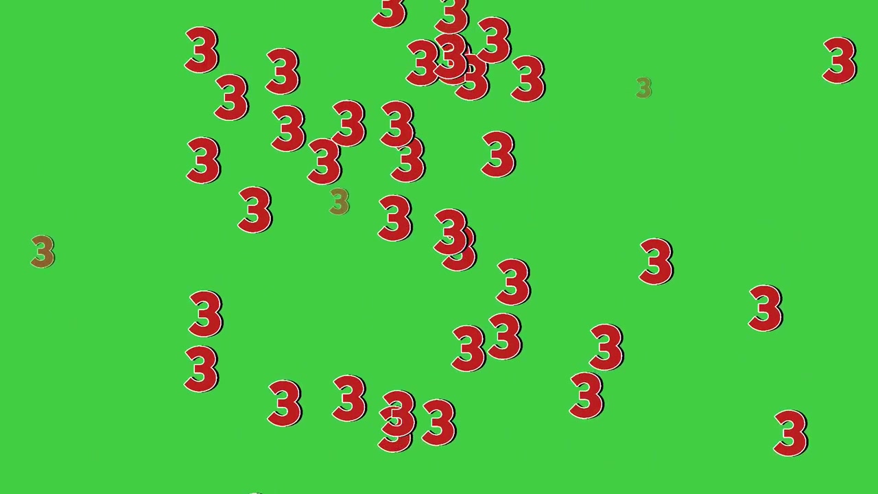 Animazione del simbolo numero 3 che cade, grafica in movimento su schermo verde.