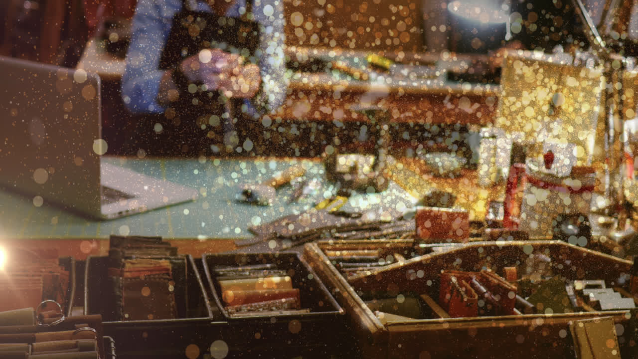 워크에서 일하는 백인 여성 위에 반이는 반점의 애니메이션