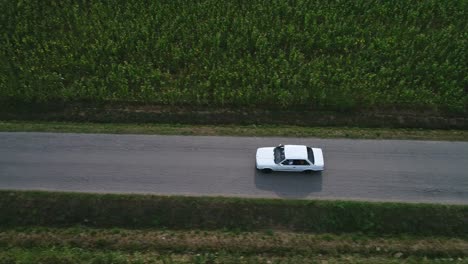 Top-view-aerial-tracking,-classic-E30-BMW-moving-in-a-countryside-landscape