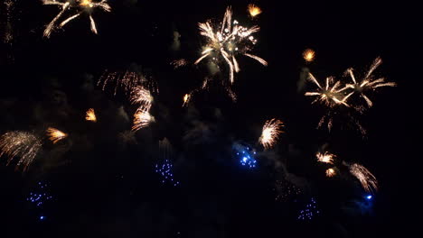 Close-up-of-colorful-fireworks-fill-the-night-sky