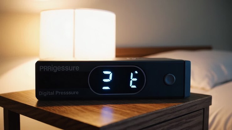 Digital blodtryksmåler på natbord i soveværelse